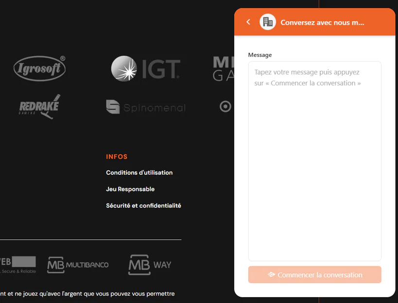 Casino Hermes assistance par chat en direct avec formulaire de message et bouton pour commencer une conversation