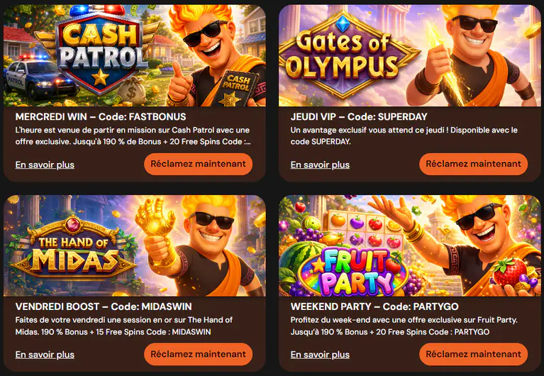 Casino Hermes promotions avec Cash Patrol, Gates of Olympus, The Hand of Midas et Fruit Party, offrant des bonus jusqu'à 190 % et des tours gratuits